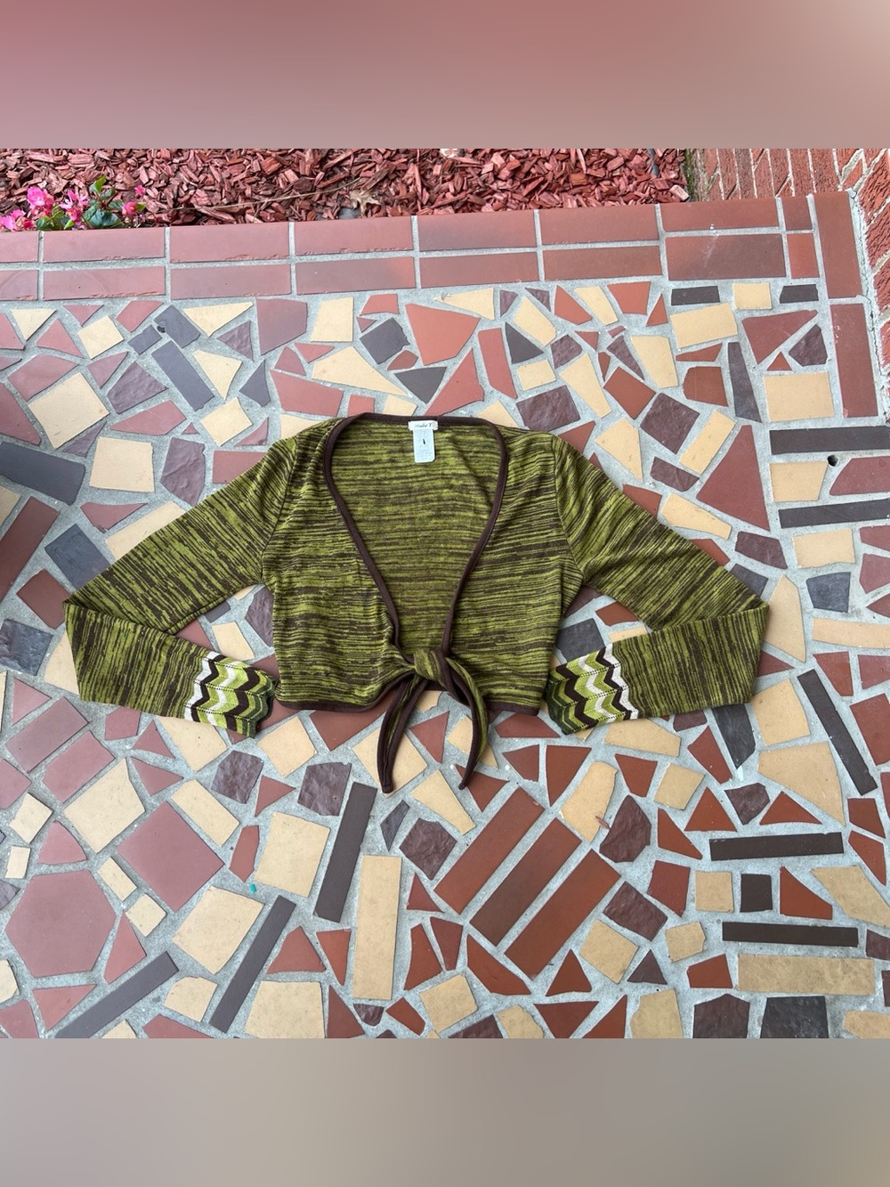 Studio Y Y2K Olive Green Knit Tie-Front Shrug with Brown Trim